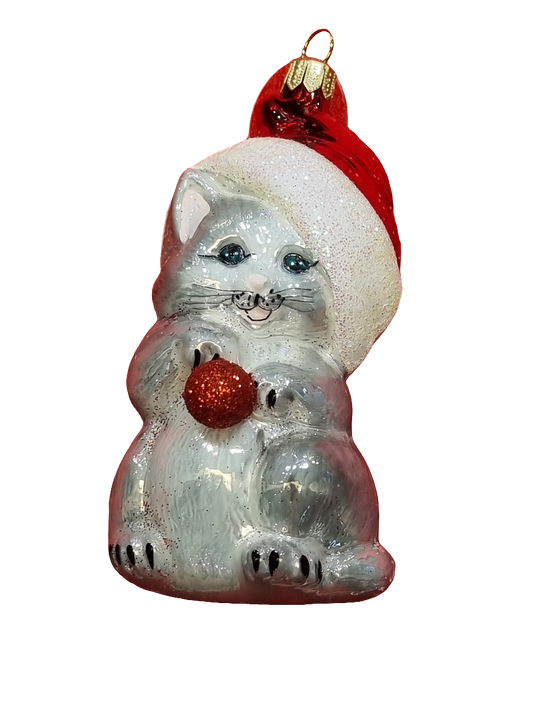European Glass Christmas ornament of a Cat | Kitten with Santa Hat & Ball (S)