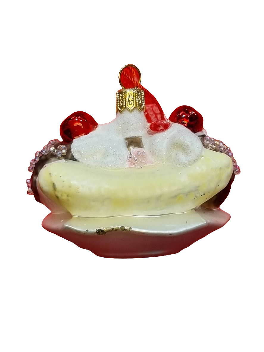 European Glass Christmas ornament of a Banana Split with Ice Cream & Cherries (O)