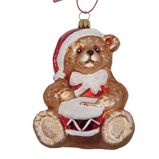 European Glass Christmas ornament of a Bear | Teddy Bear with Drum & Santa Hat (Q)