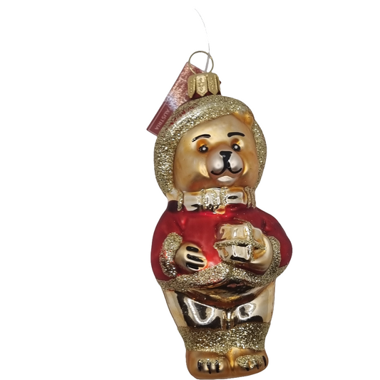 European Glass Christmas ornament of a Bear | Teddy Bear with Jumper, Hat, Present (O)