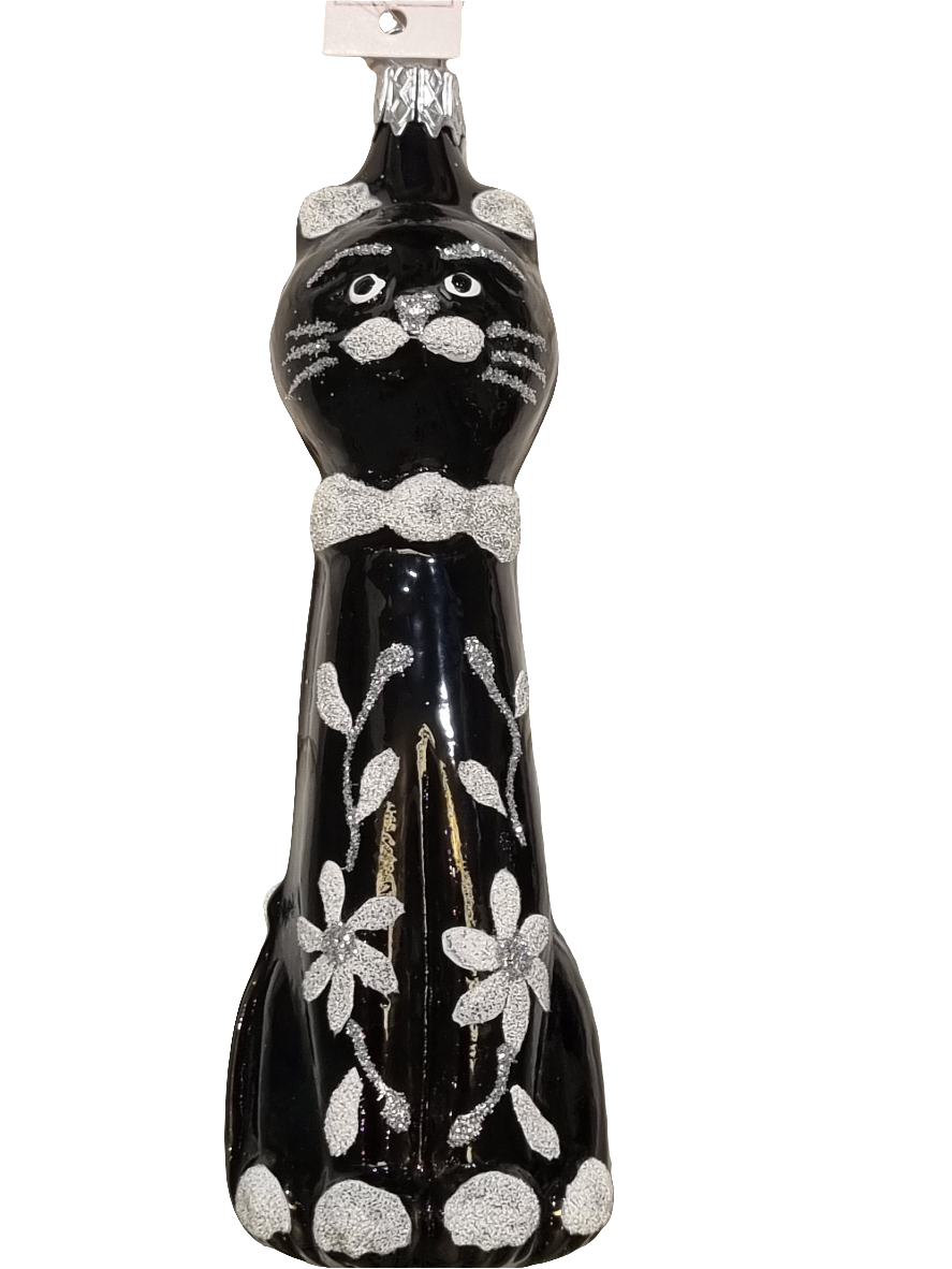 European Glass Christmas ornament of a Cat | Tall Black (K)