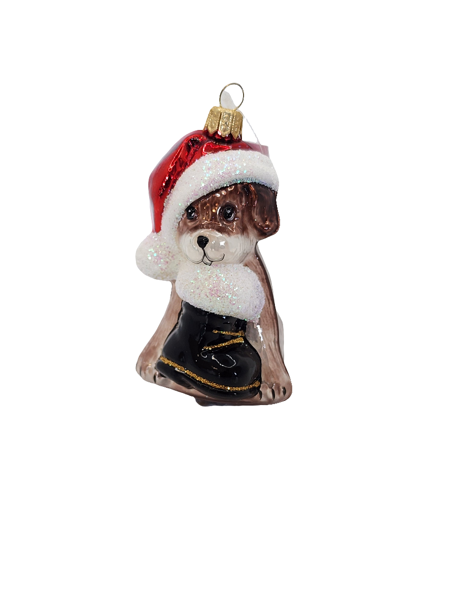 European Glass Christmas ornament of a Dog Santa Hat & Boot Christmas (S)