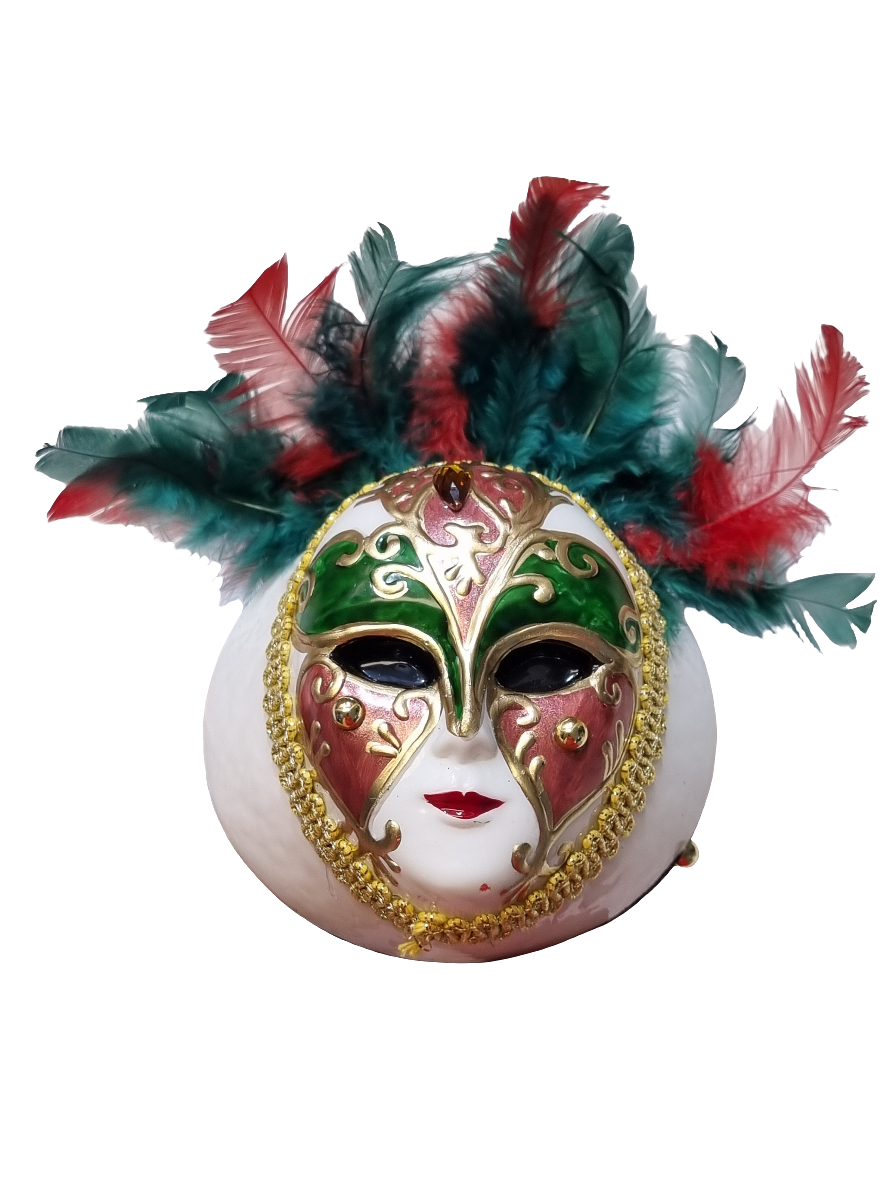 European Glass Christmas ornament of a Venetian Mask Bauble with Feathers (W)