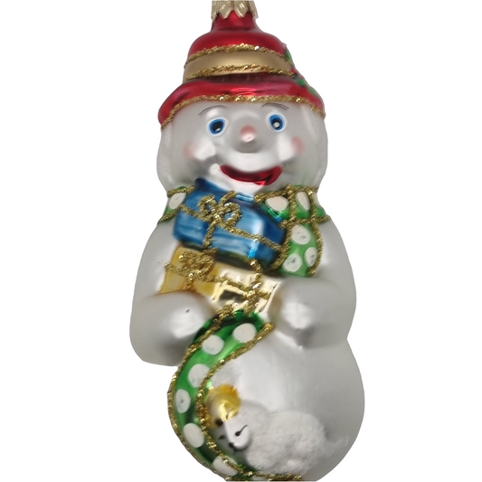 European Glass Christmas ornament of a Snowman with presents (G)