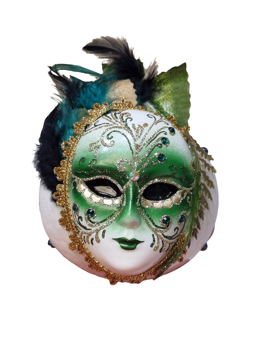 European Glass Christmas ornament of a Venetian Mask Bauble with Feathers (W)