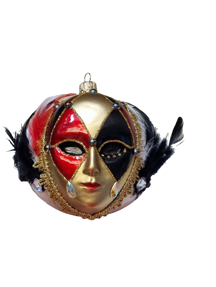European Glass Christmas ornament of a Venetian Mask Bauble with Feathers (W)