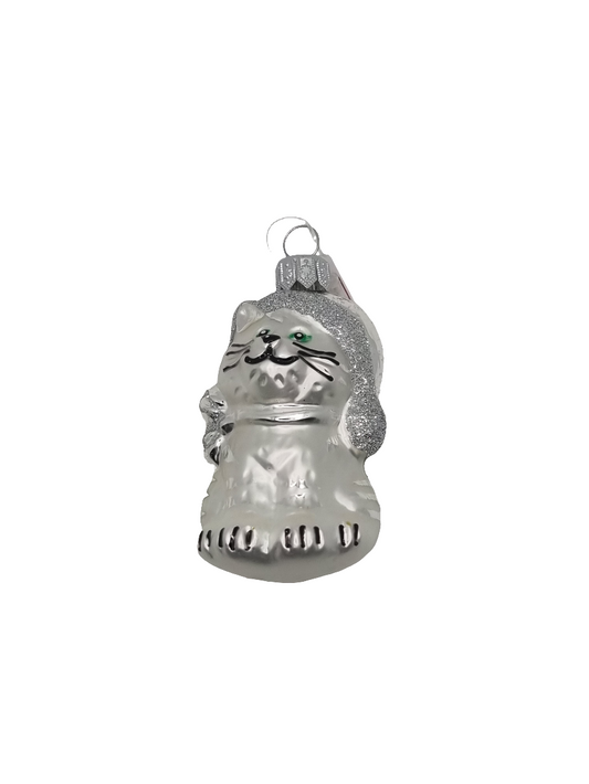 European Glass Christmas ornament of a Cat santa hat sparkly (K)