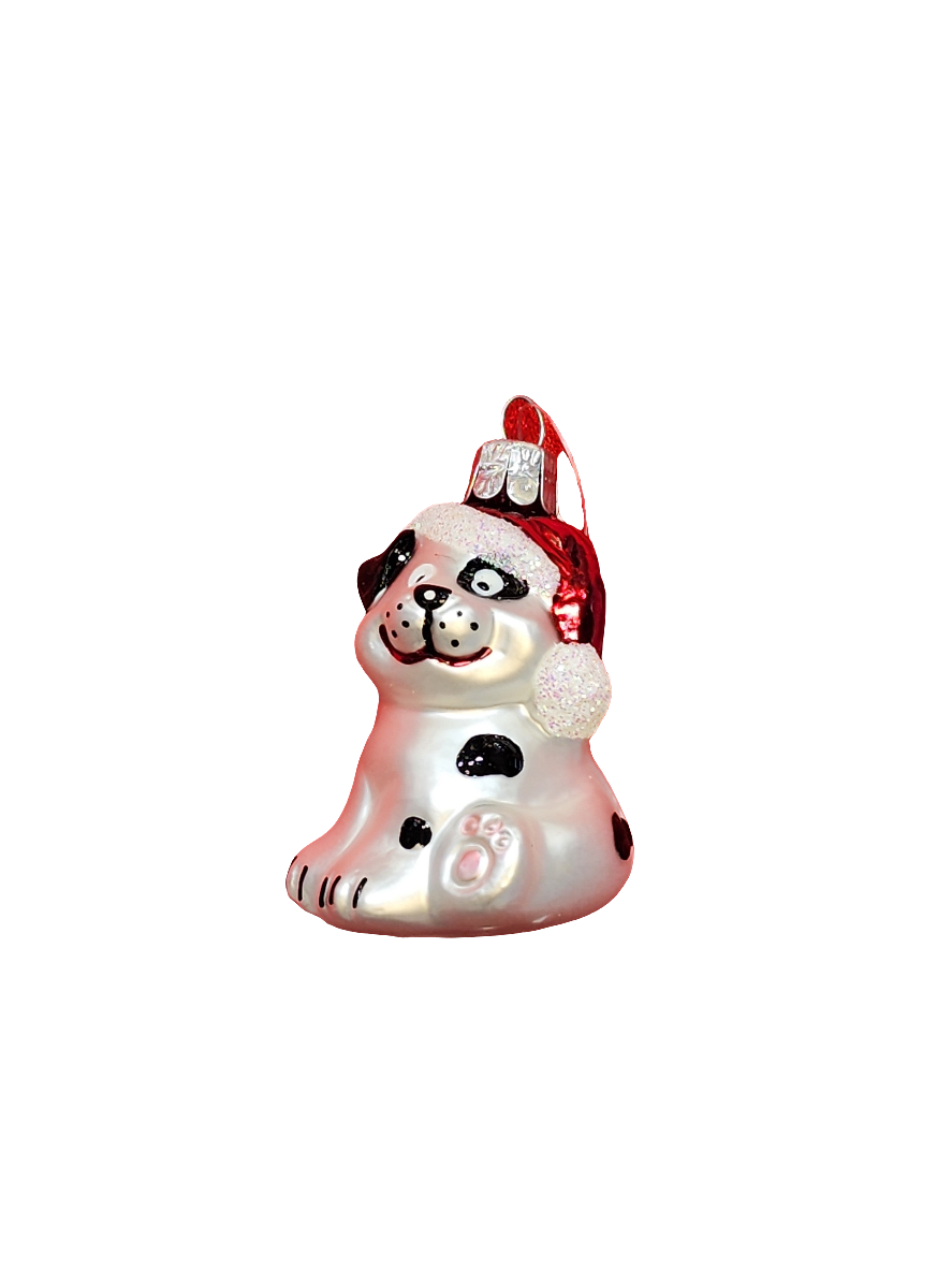 European Glass Christmas ornament of a Dog | Black & White Cartoon Puppy in Santa Hat (J)