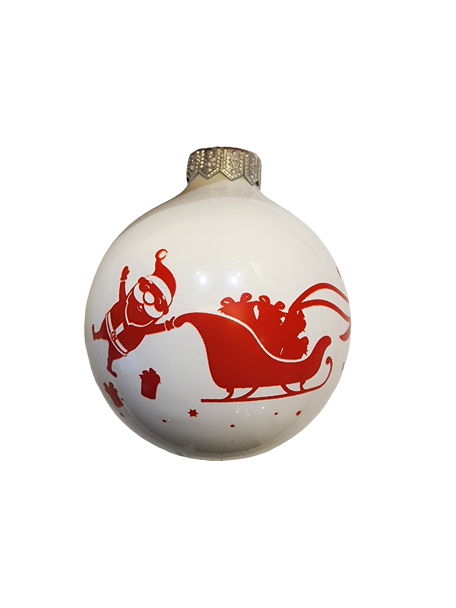 Weihnachtskugel | Weiß mit Weihnachtsmannschlitten und Kängurus (I)