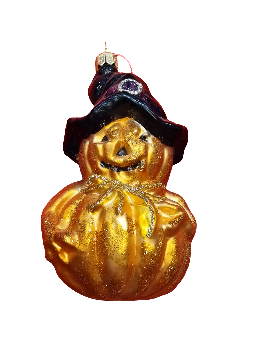 European Glass Christmas ornament of a Pumpkin Man with Wizard Hat (U)