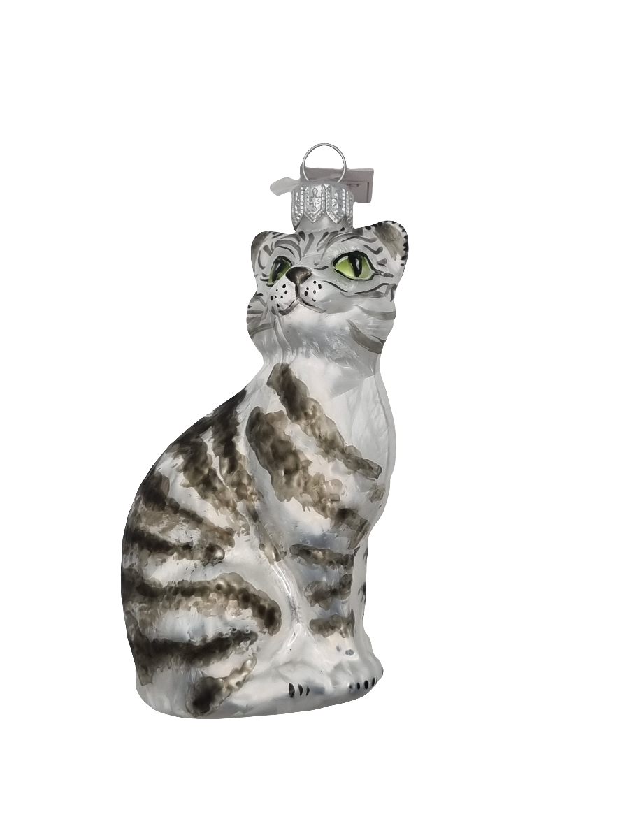 European Glass Christmas ornament of a Cat | White with Grey Stripes (R)