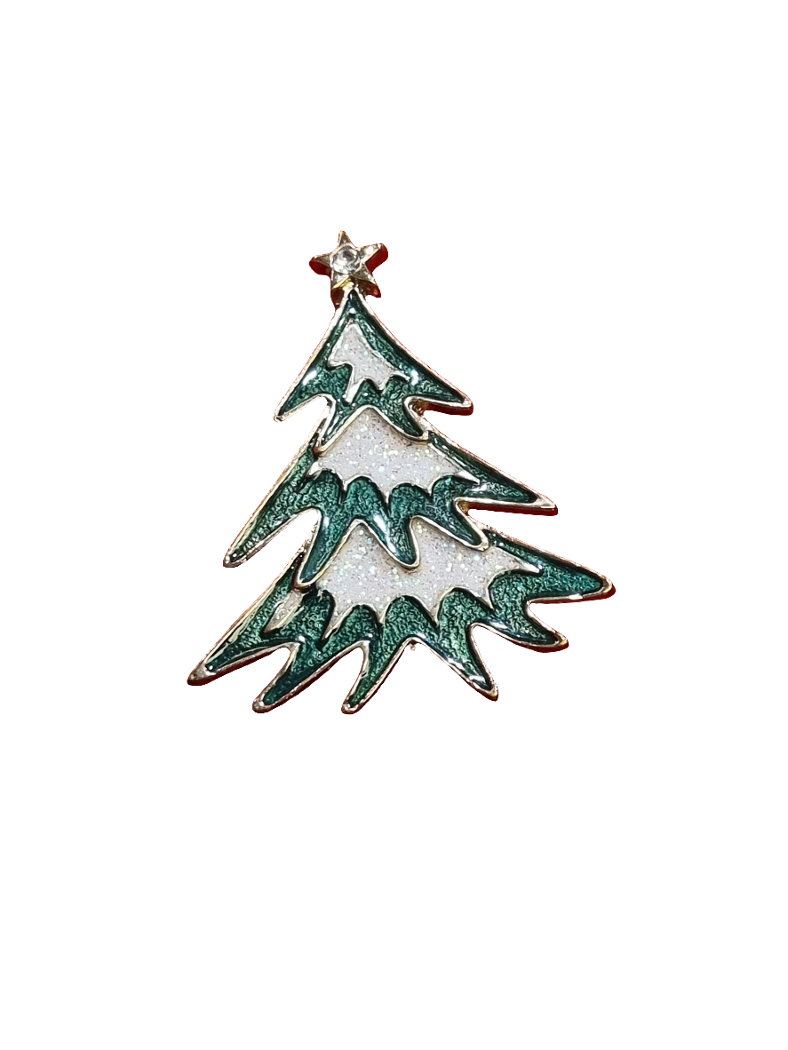 European Glass Christmas ornament of a Green Tree with Snow | Brooch V