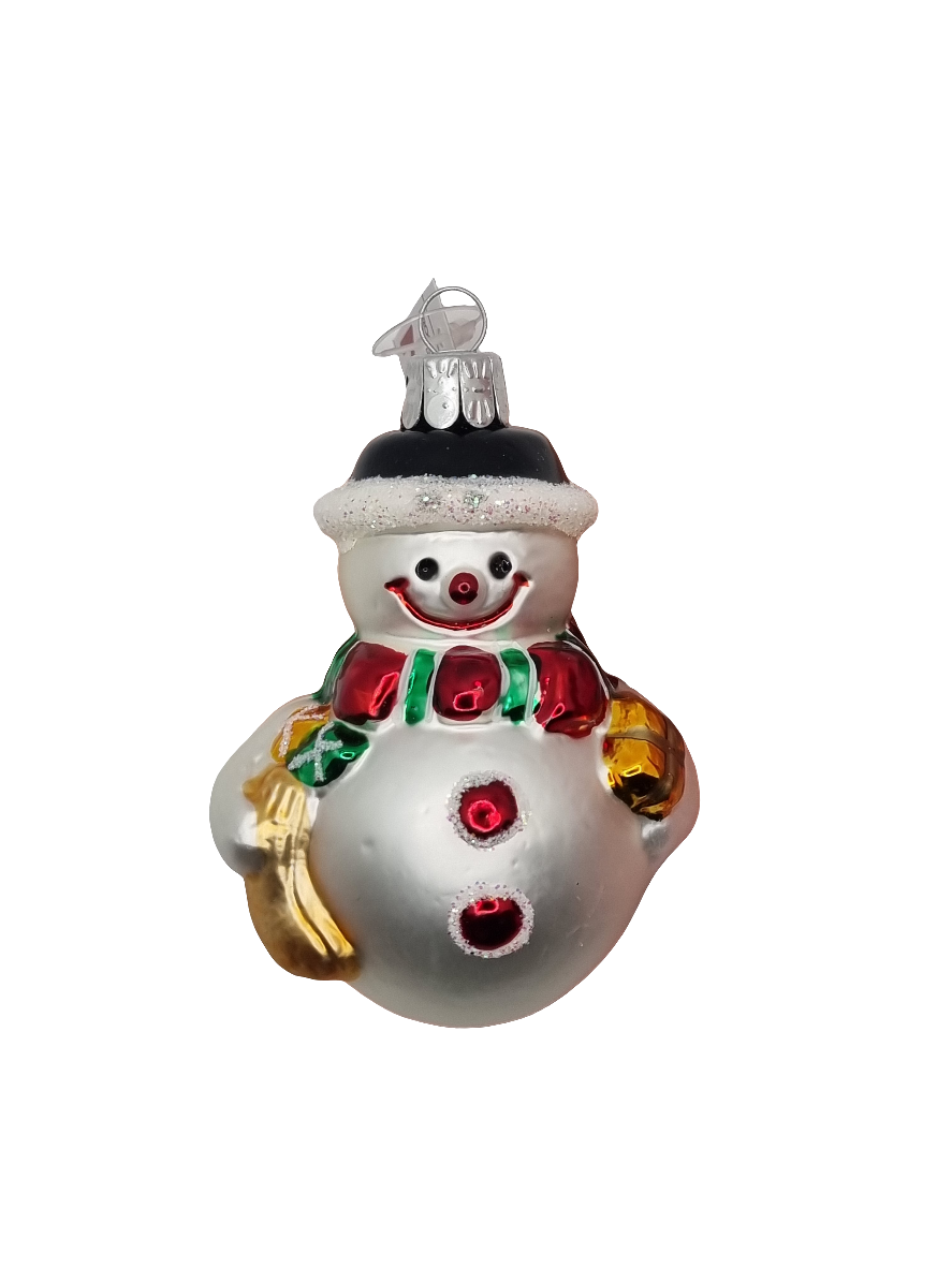 European Glass Christmas ornament of a Snowman with Hat, Scarf & Gifts (N)