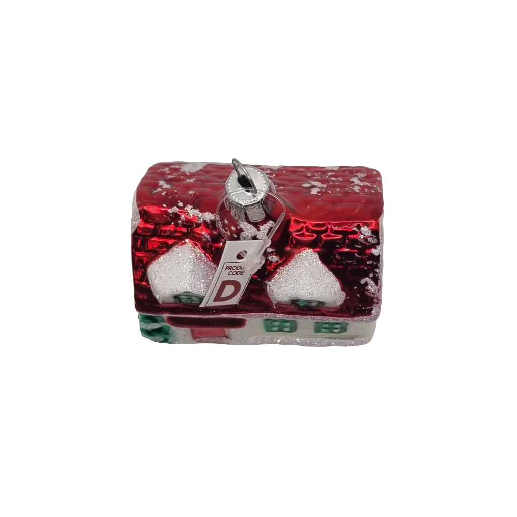 European Glass Christmas ornament of a House Red Roof Christmas Tree Red Door (D)