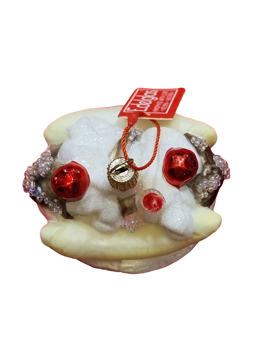 European Glass Christmas ornament of a Banana Split with Ice Cream & Cherries (O)