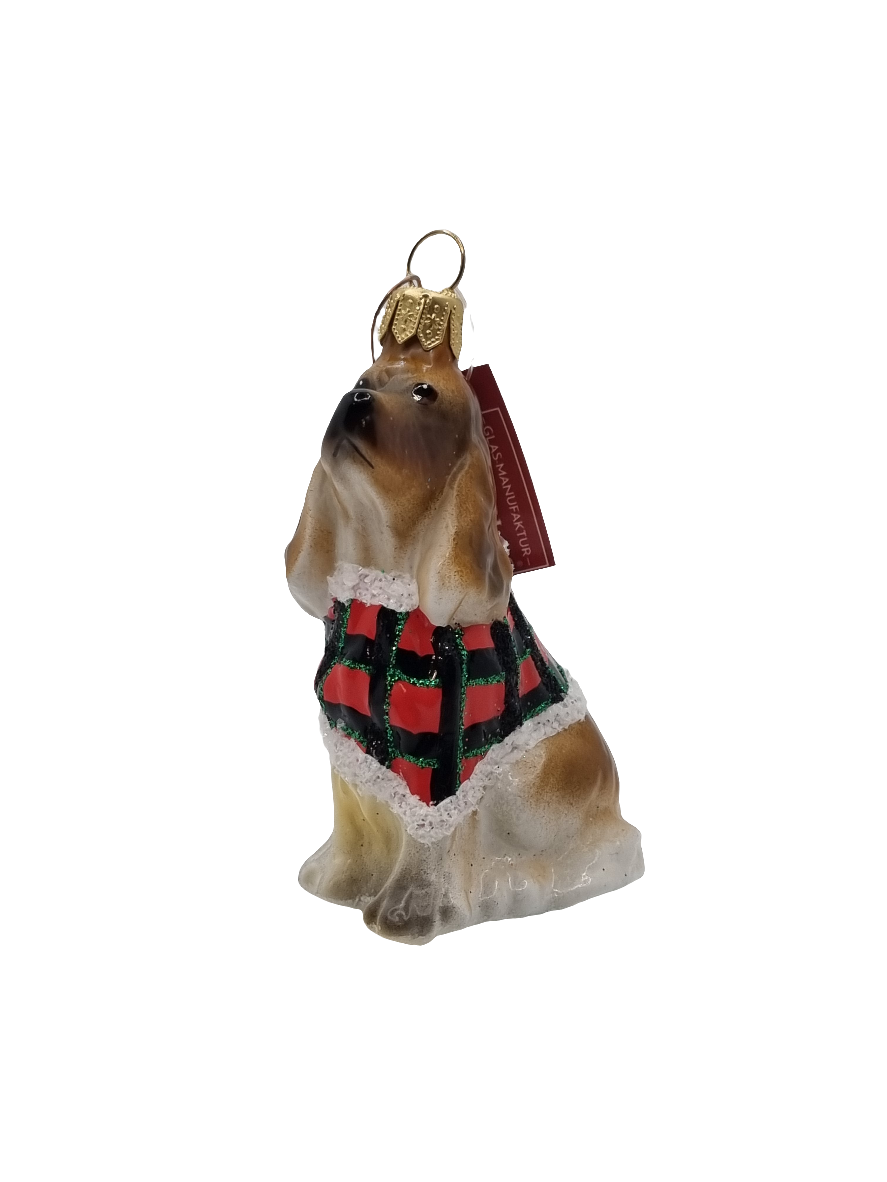 European Glass Christmas ornament of a Dog King Charles Cavalier with Plaid Flannel Jacket (S)
