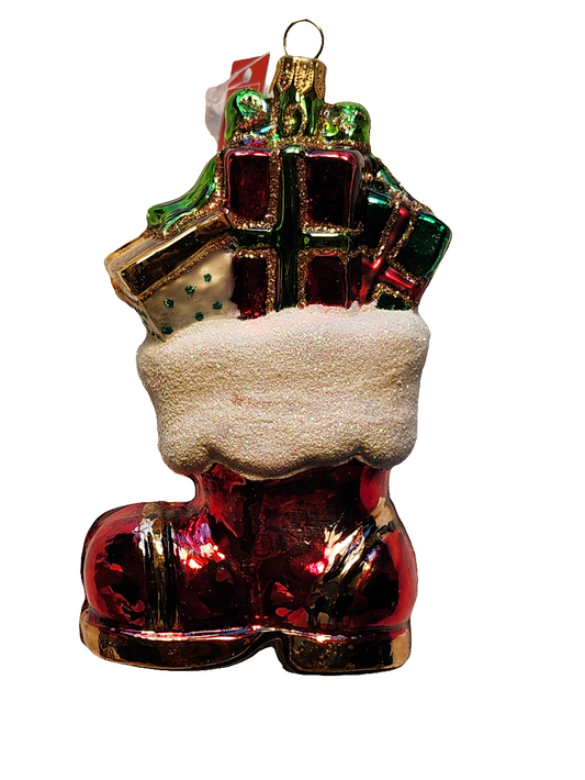 European Glass Christmas ornament of a Boot with Presents (V)