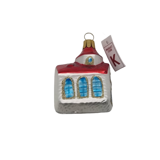 European Glass Christmas ornament of a Church Blue Windows (K)