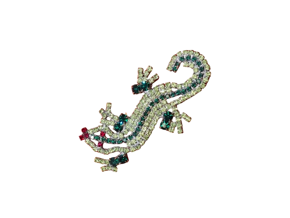 European Glass Christmas ornament of a Lizard with Green Crystals | Brooch V