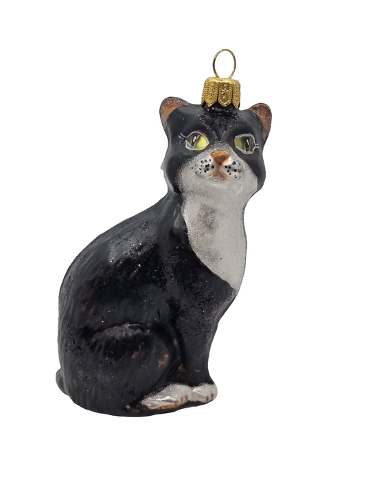 European Glass Christmas ornament of a Cat | Black with White Chest (S)