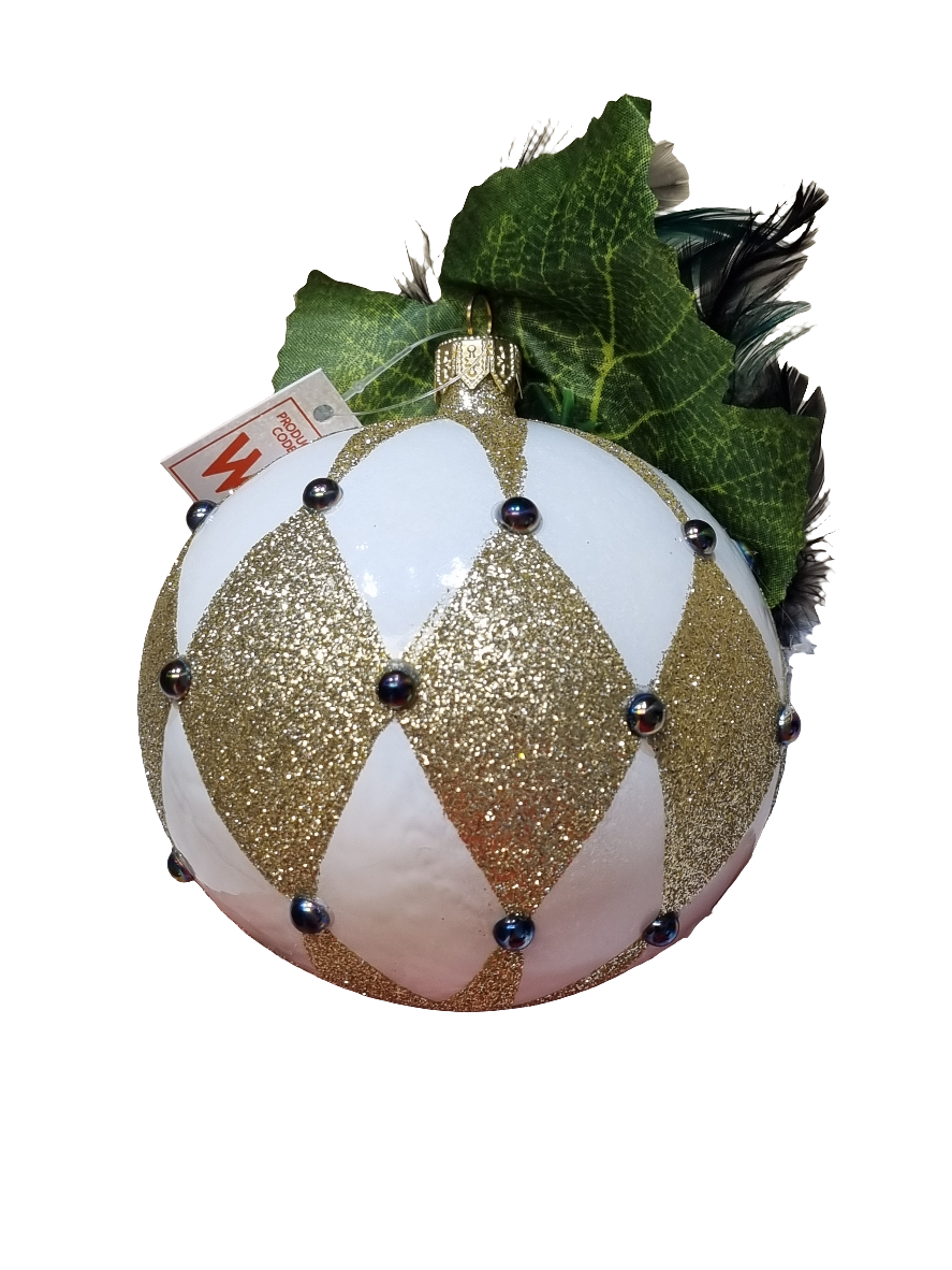 European Glass Christmas ornament of a Venetian Mask Bauble with Feathers (W)