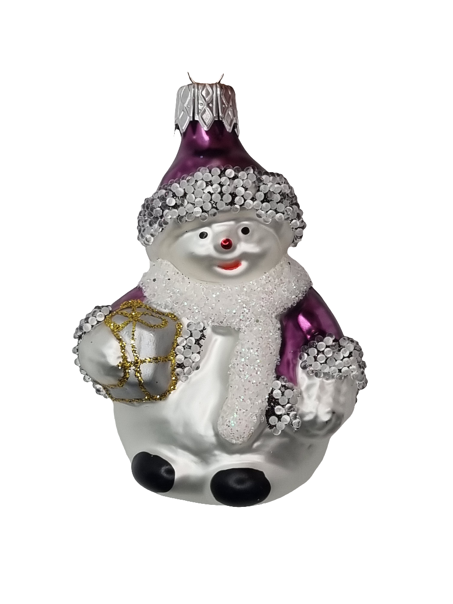 European Glass Christmas ornament of a Snowman Sparkly with Present (H)