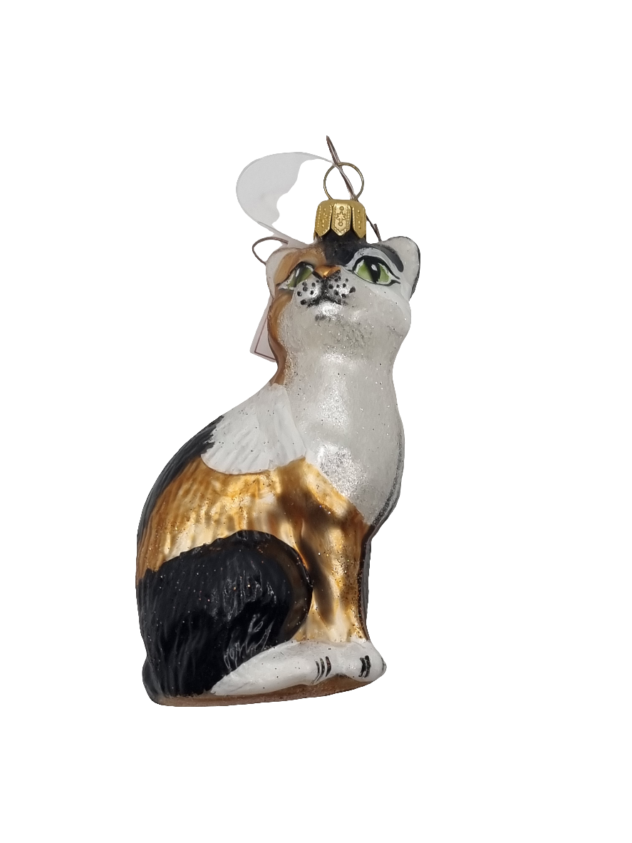 European Glass Christmas ornament of a Cat | Black, White & Gold Calico (R)