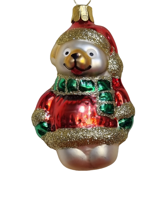 European Glass Christmas ornament of a Bear | Teddy Bear in Sparkly Jacket, Hat & Scarf (H)