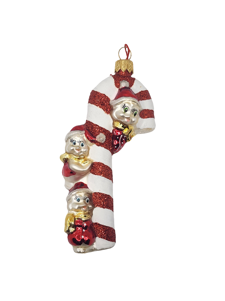 European Glass Christmas ornament of a Candy cane elves (T)
