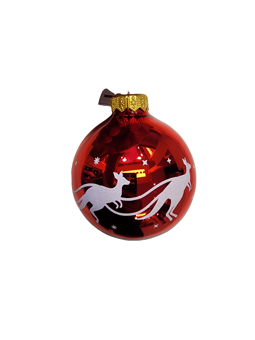Weihnachtskugel | Rot mit Weihnachtsmannschlitten und Kängurus (I)