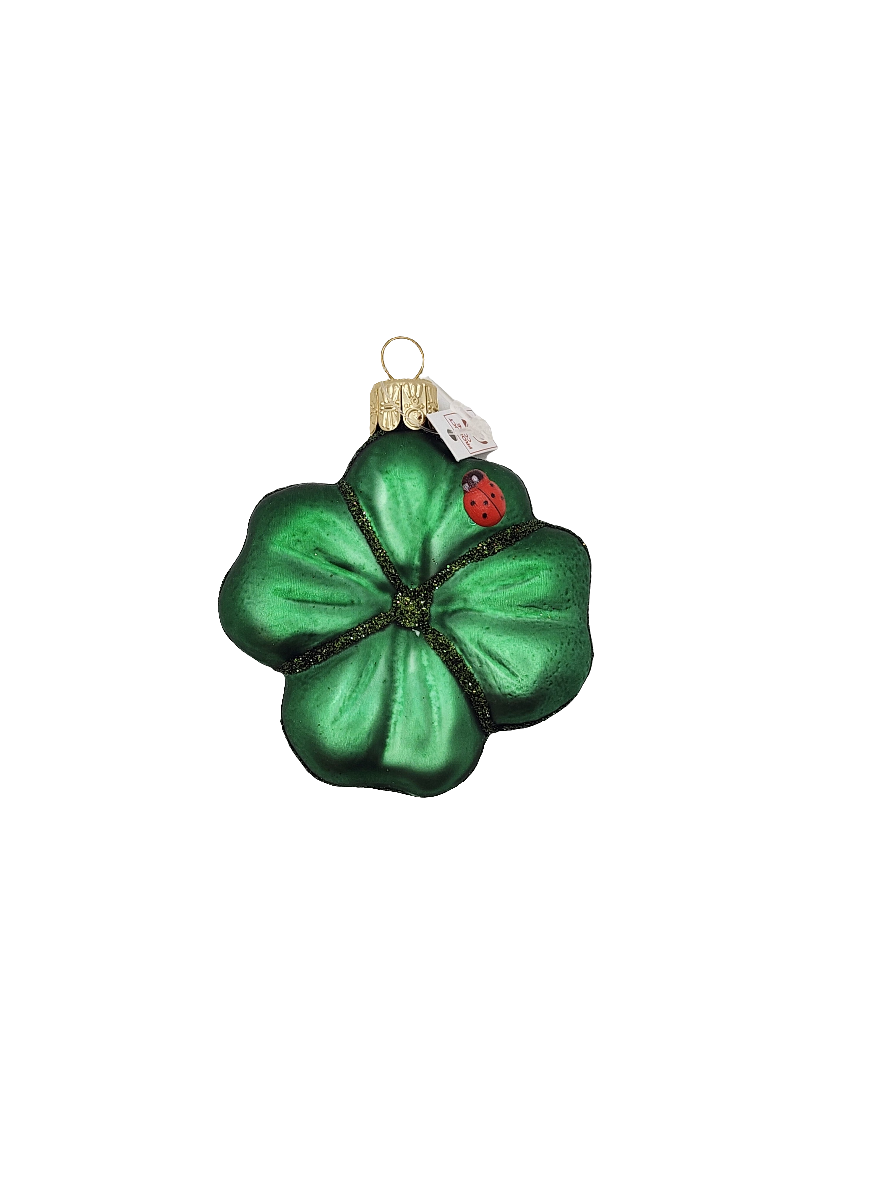European Glass Christmas ornament of a Four Leaf Clover with Ladybug (G)