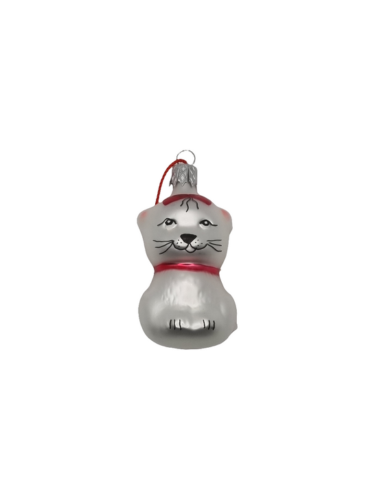 European Glass Christmas ornament of a Cat | with Pink Ribbon (G)