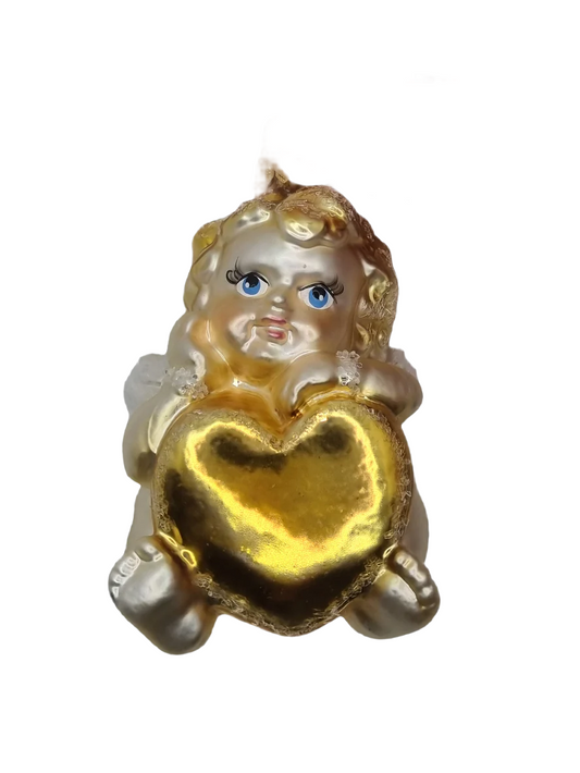 European Glass Christmas ornament of a Angel Baby with Heart (W)