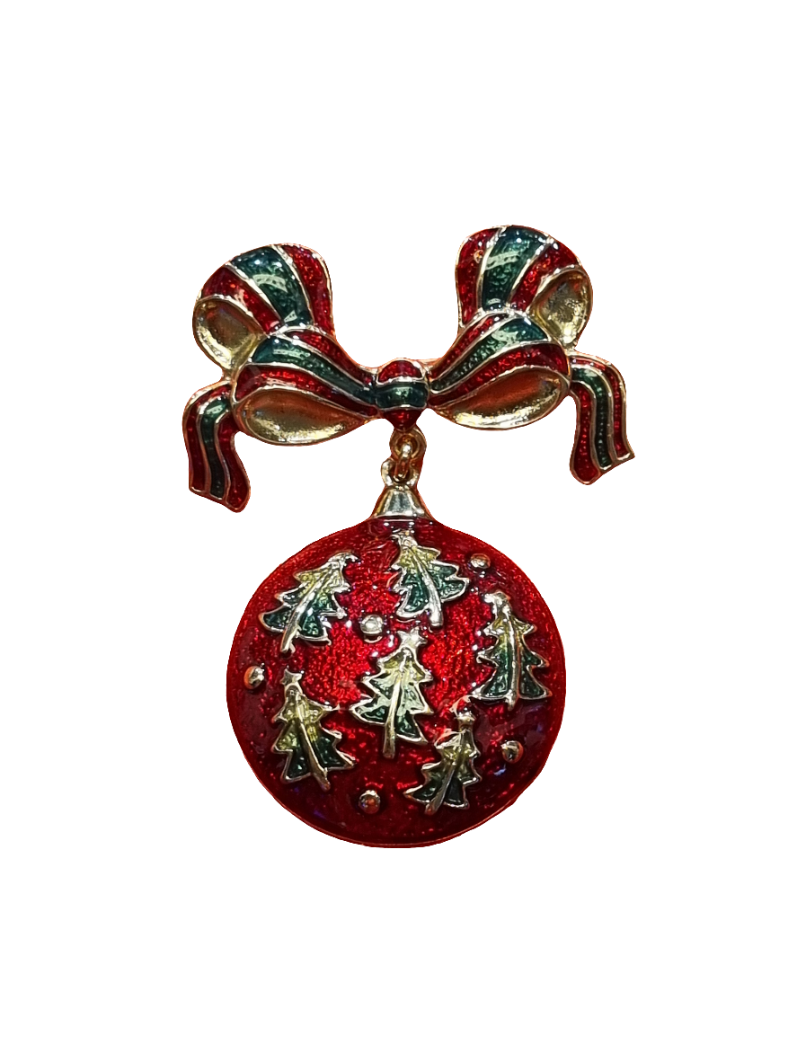 European Glass Christmas ornament of a Dangle Bauble with Green Trees | Brooch V