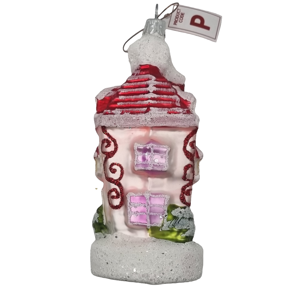 European Glass Christmas ornament of a House Tall Pink (P)