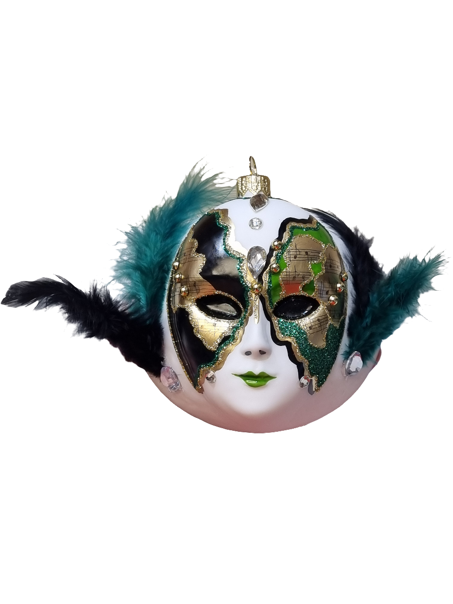 European Glass Christmas ornament of a Venetian Mask Bauble with Feathers (W)