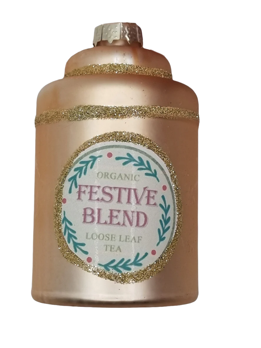 European Glass Christmas ornament of a Tea Festive Blend (K)