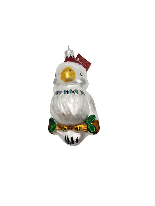 European Glass Christmas ornament of a Bird | on Branch with Santa Hat (F)
