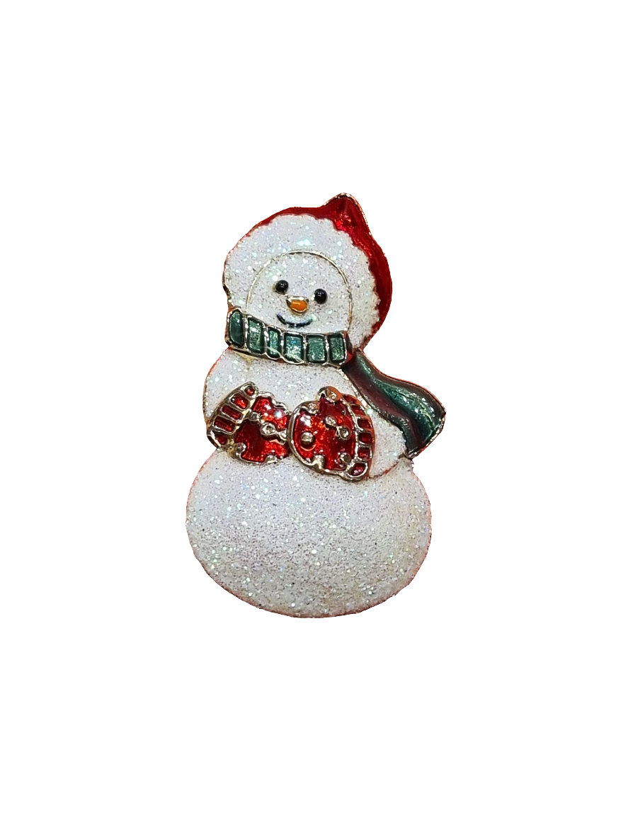 European Glass Christmas ornament of a Single Sparkle Snowman with Mittens & Scarf | Brooch V