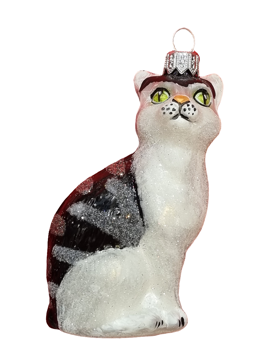 European Glass Christmas ornament of a Cat | Black & White with Grey Stripes & Green Eyes (S)