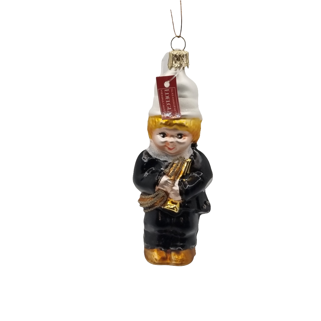 European Glass Christmas ornament of a Band Man with Gold Instrument Gold Sash White Hat (F)