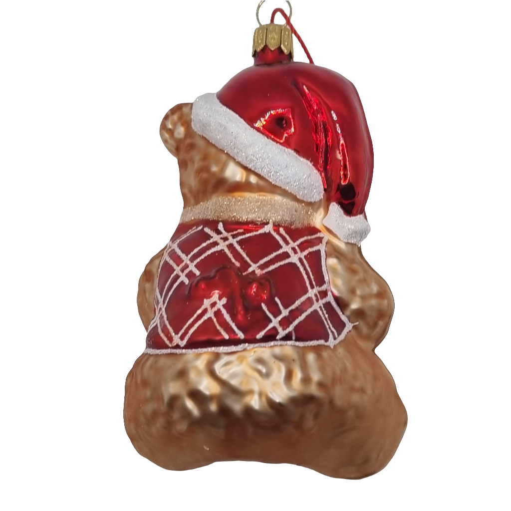 European Glass Christmas ornament of a Bear | Teddy Bear with Drum & Santa Hat (Q)