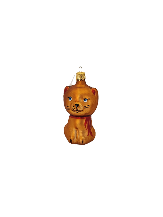 European Glass Christmas ornament of a Cat brown small collar (C)