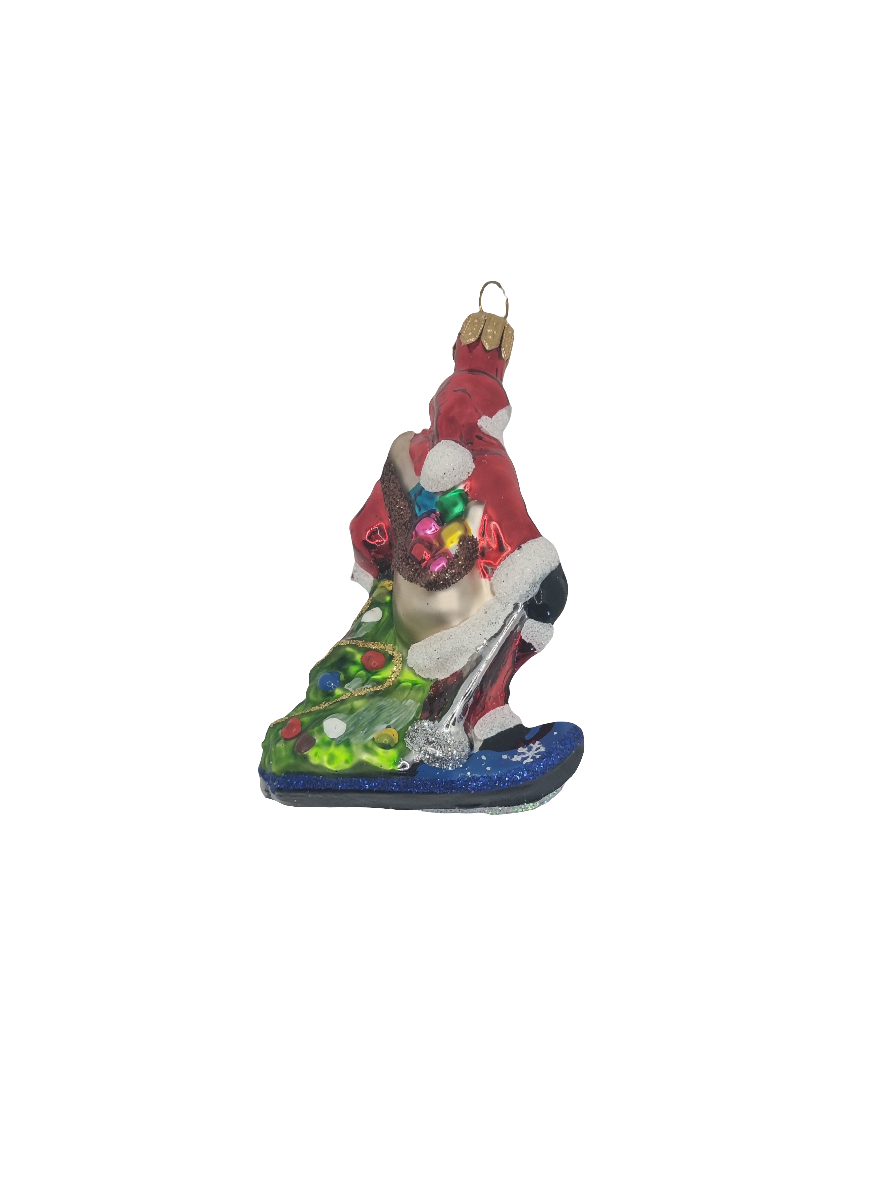 European Glass Christmas ornament of a Santa on sled tree presents (P)