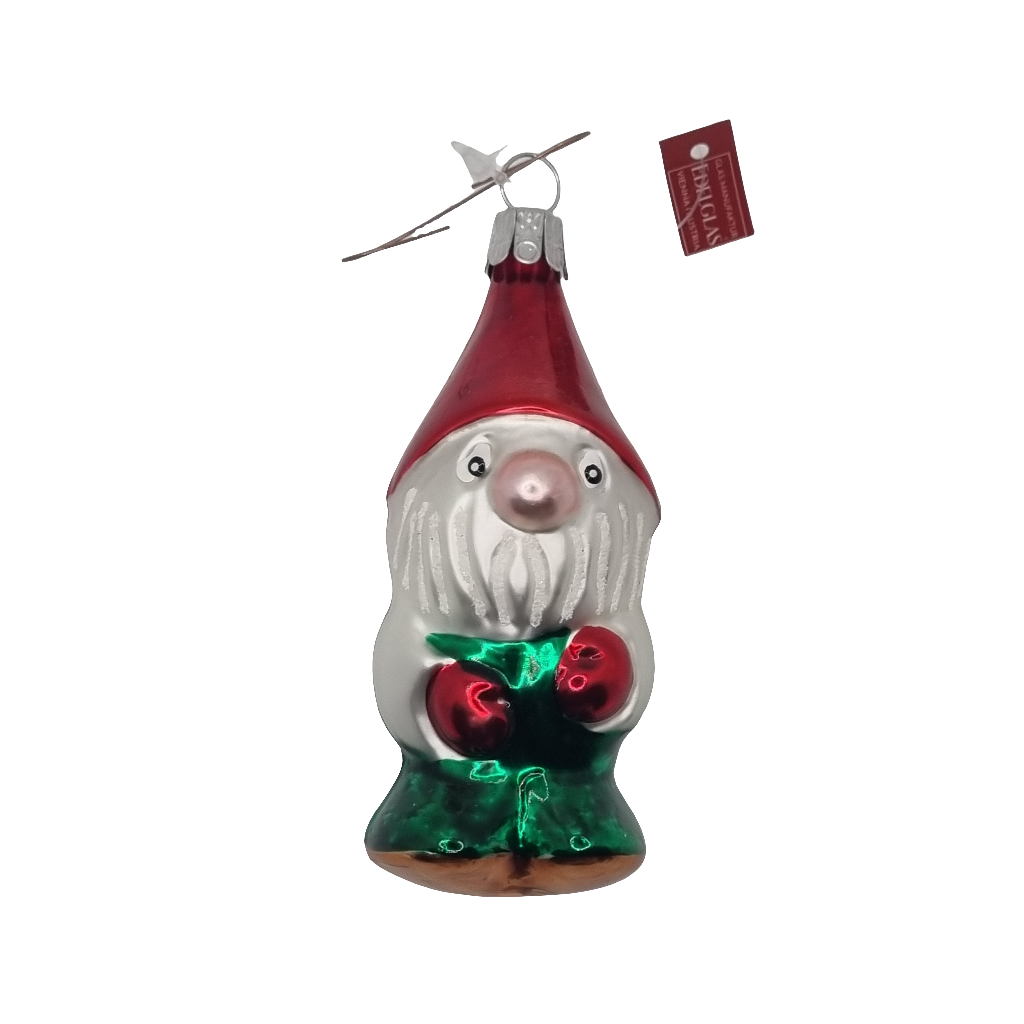 European Glass Christmas ornament of a Gnome Man Red Hat Overalls (D)