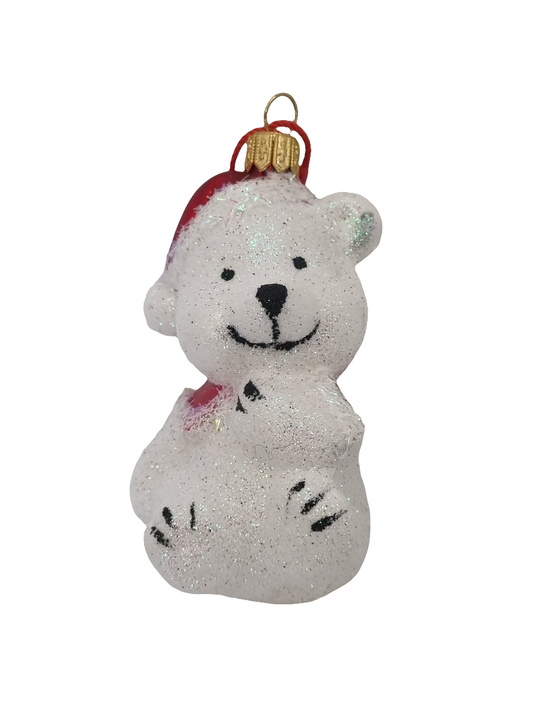 European Glass Christmas ornament of a Bear | with Sparkly Santa Hat (Q)