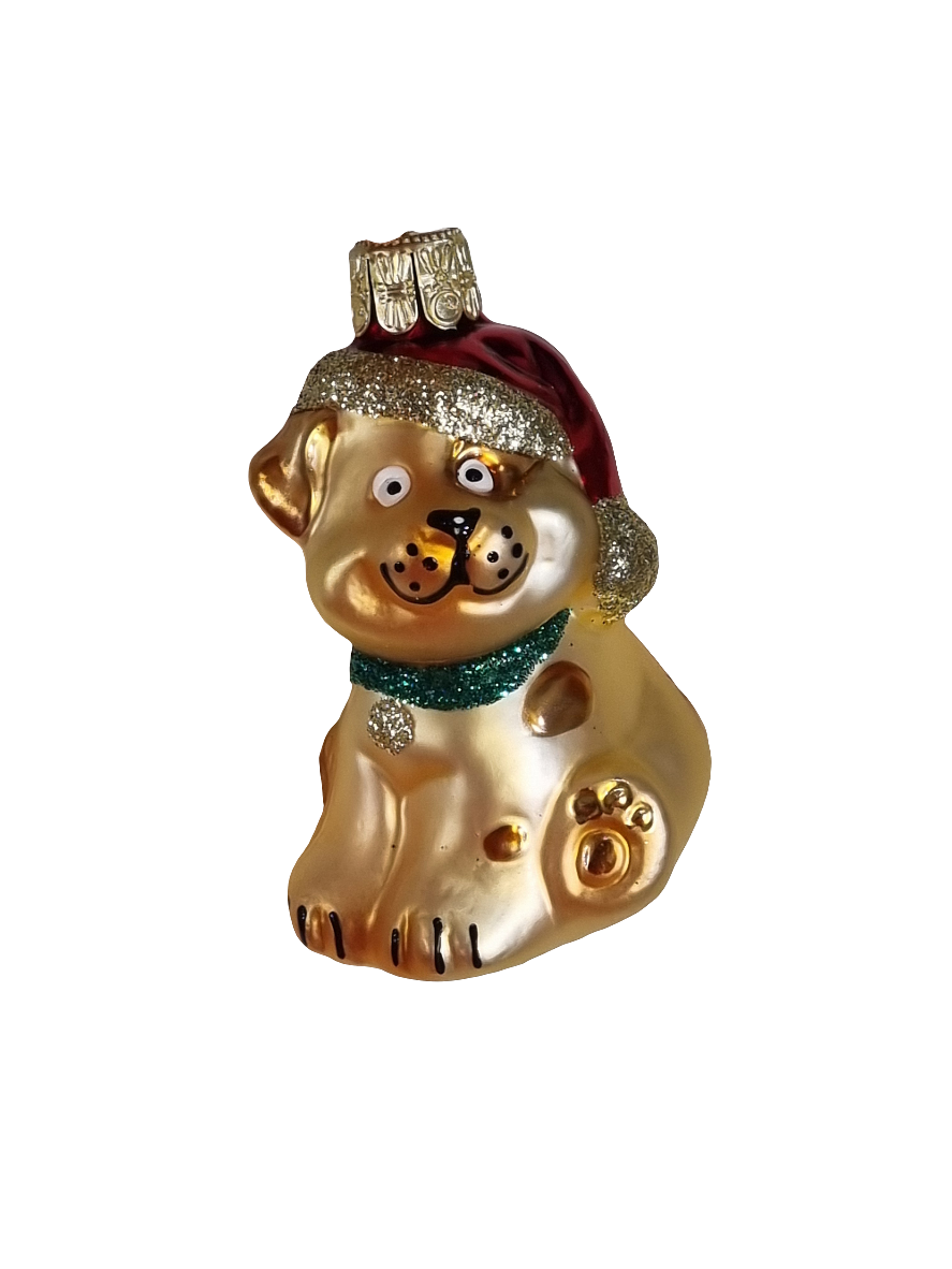 European Glass Christmas ornament of a Dog | Sparkle Santa Hat (G)