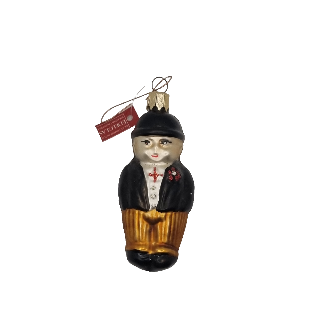 European Glass Christmas ornament of a Man black hat gold pants red cross