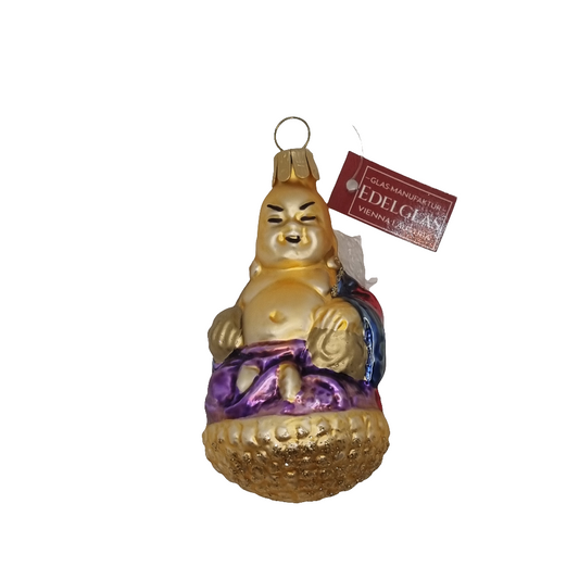 European Glass Christmas ornament of a Buddha on Cushion (H)