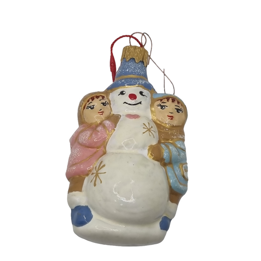 European Glass Christmas ornament of a Snowman with Children (N)